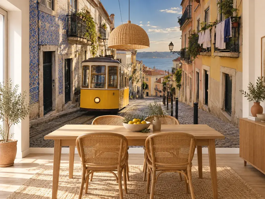 Comedor con un fotomural hecho de una foto de vacaciones